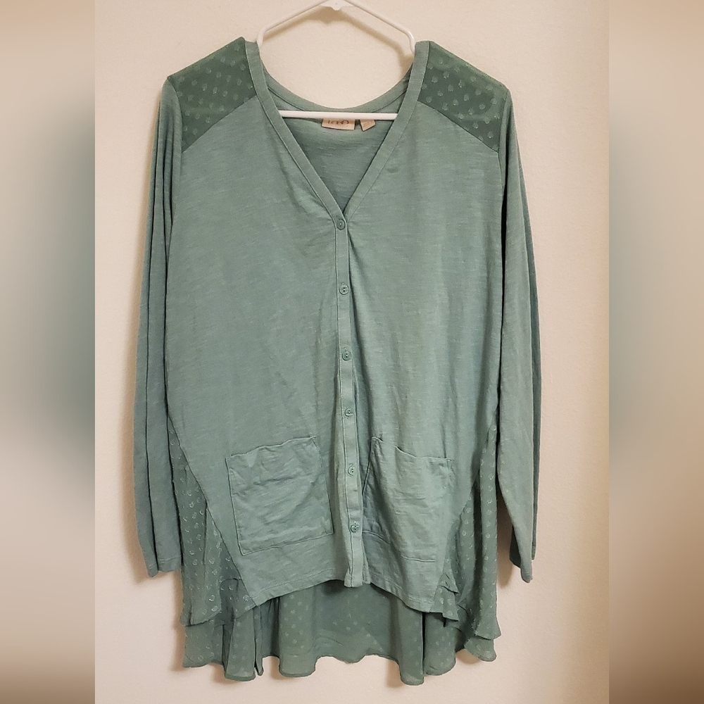 Logo By Lori Goldstein Women's Green V-Neck Button-Up Blouse Spring Flowy Boho